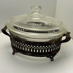 Antique McKee Glasbake etched glass casserole with copper plated silver stand
